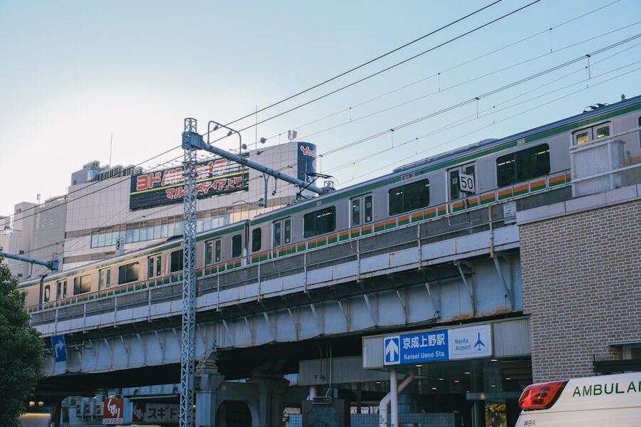 Keisei train on raised tracks near central Tokyo
