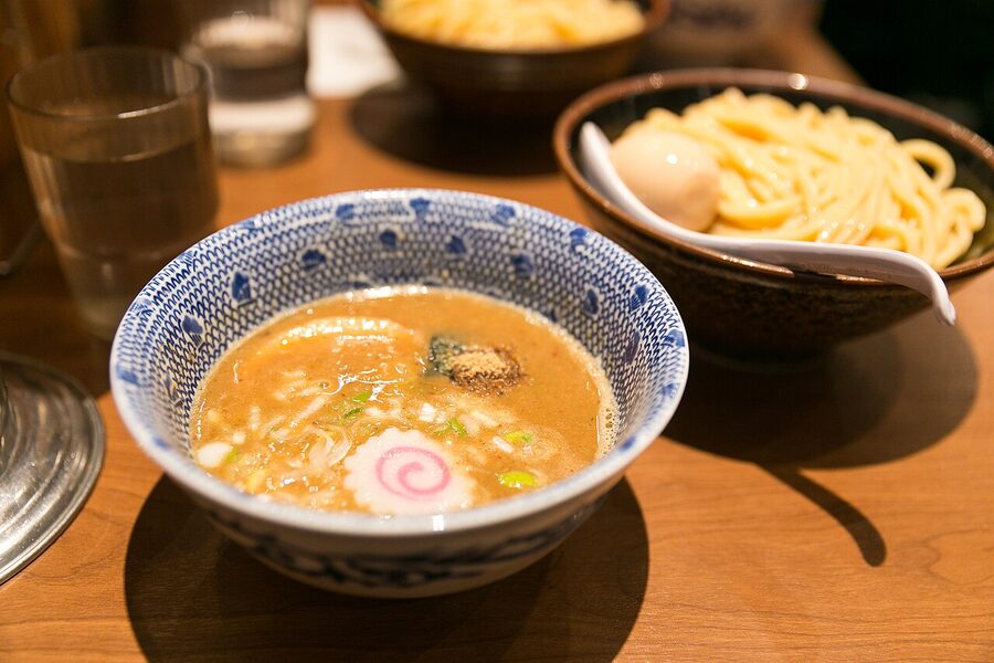 Tsukemen dipping noodles served separately from the broth in a Tokyo restaurant