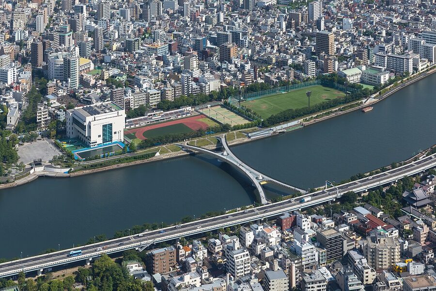 X-shaped Sakura pedestrian bridge over Sumida River seen from Tokyo Skytree