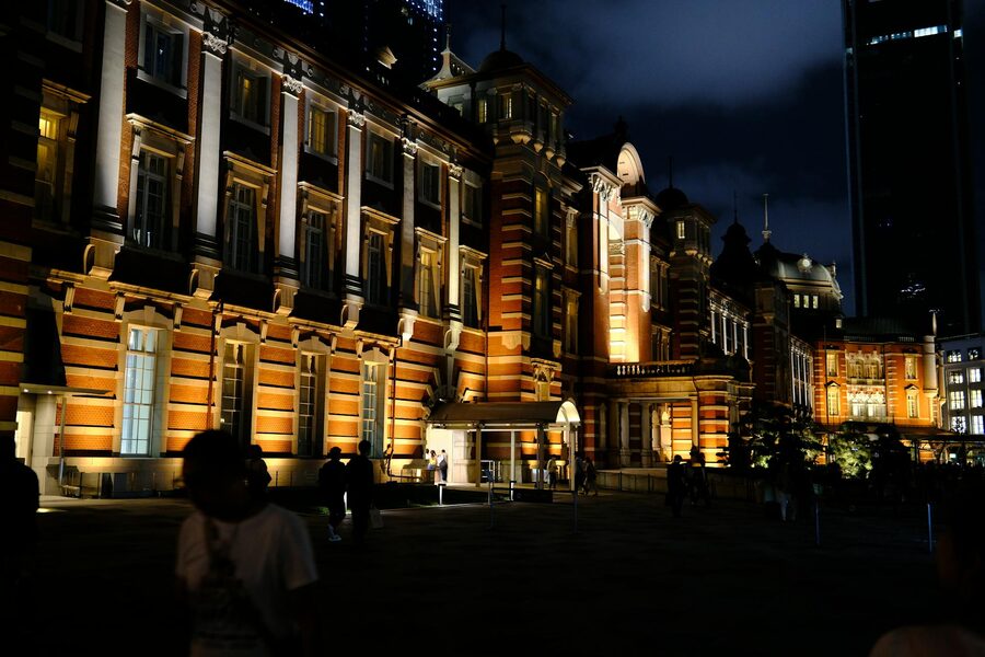 Tokyo Station Marunouchi red brick facade illuminated at night