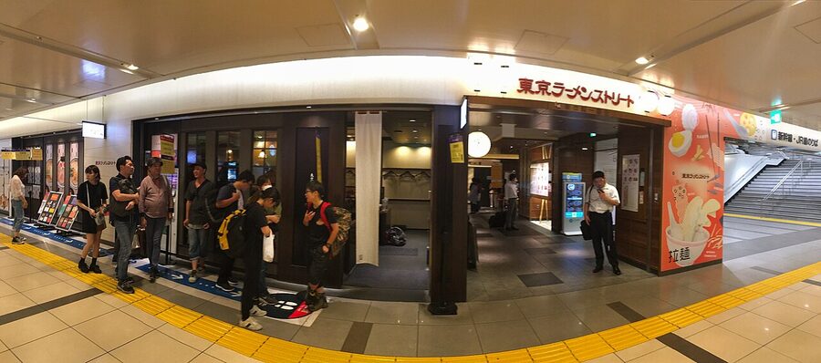 Tokyo Ramen Street panoramic view of queues and shops