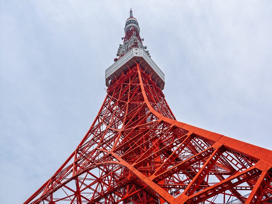 Tokyo Tower seen from directly below, looking up through the lattice