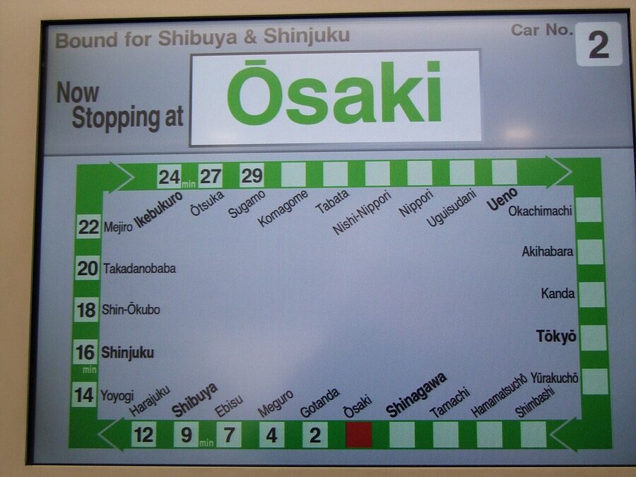 Yamanote Line on-train screen map showing current station