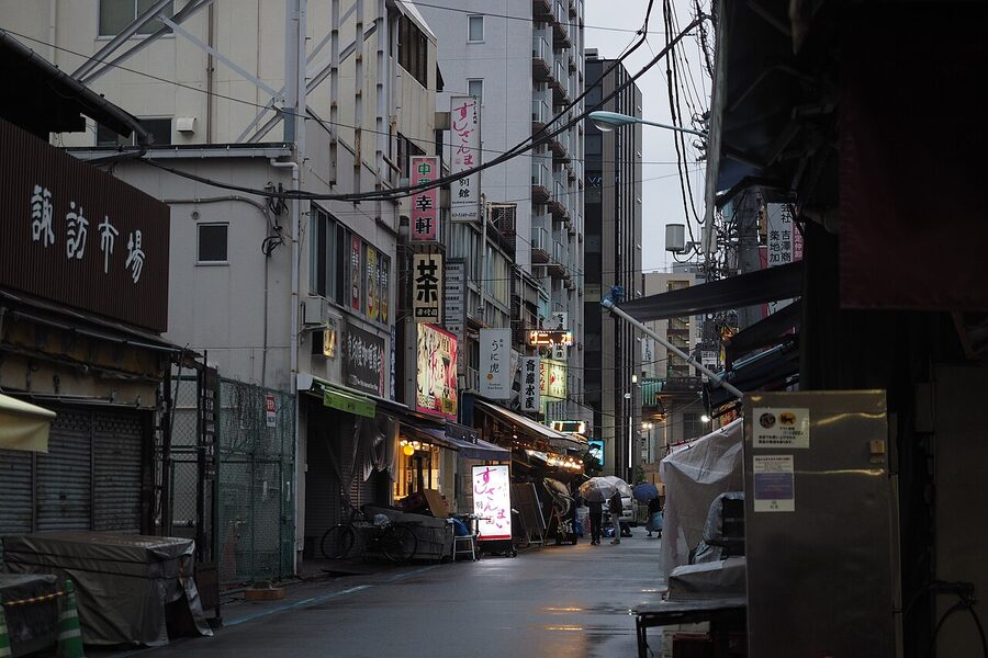 Sunlit alley lined with shops near the Tsukiji fish market, Tokyo
