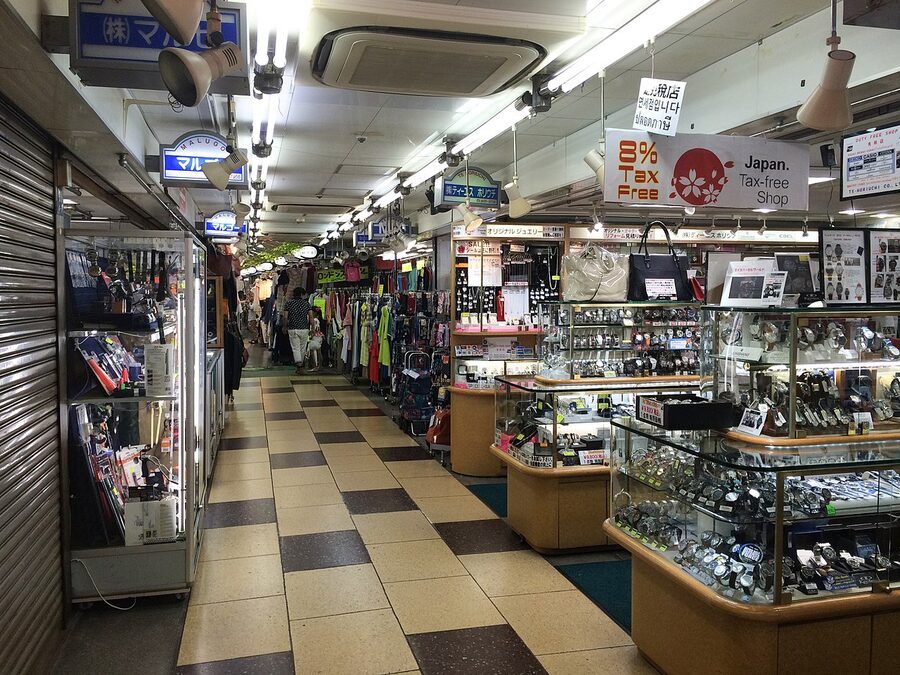 Shops lining the narrow alley beneath the JR Yamanote line railway tracks at Ameya-Yokocho, Ueno, Tokyo