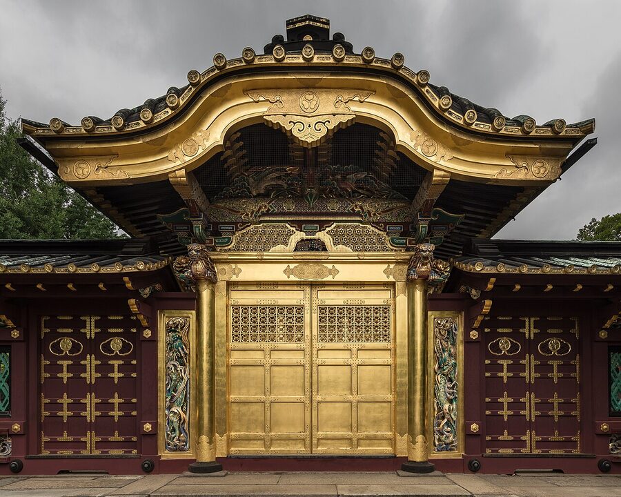 The gold-leafed karamon gate of Ueno Toshogu shrine, dedicated to Tokugawa Ieyasu, Ueno Park