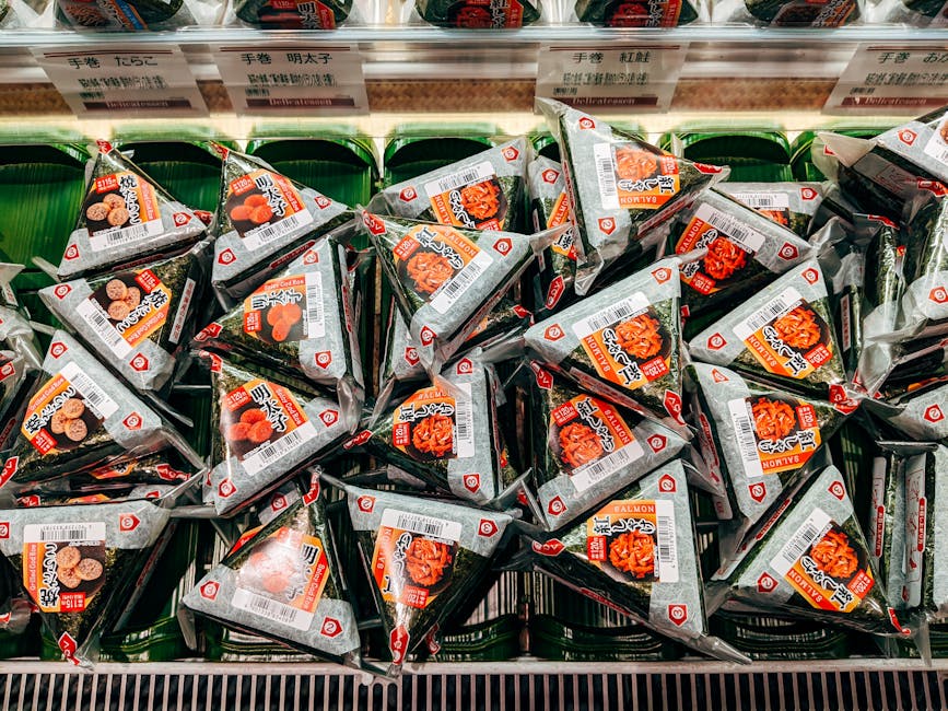 Packaged onigiri rice balls on a Japanese convenience store shelf