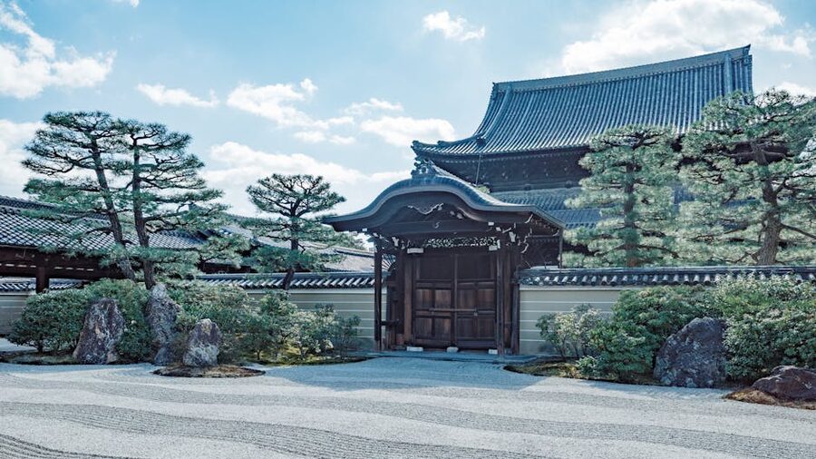 Quiet Japanese zen garden with a wooden temple building