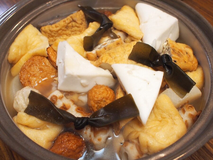 A bowl of oden with daikon, egg, and fish cake