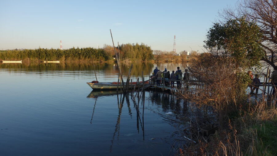 Passengers on the Yagiri-no-Watashi wooden ferry