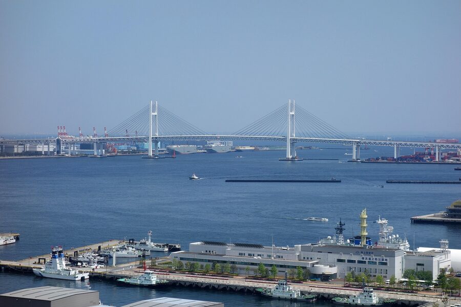 Yokohama Bay Bridge spanning the harbour at sunrise