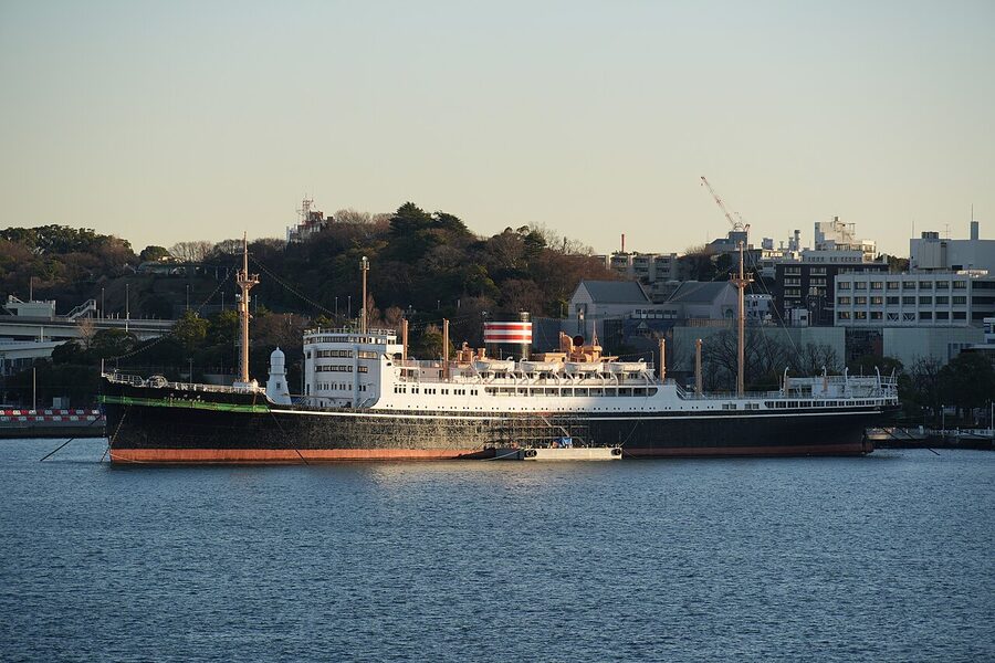 The Hikawa Maru ship moored at Yamashita Park in Yokohama