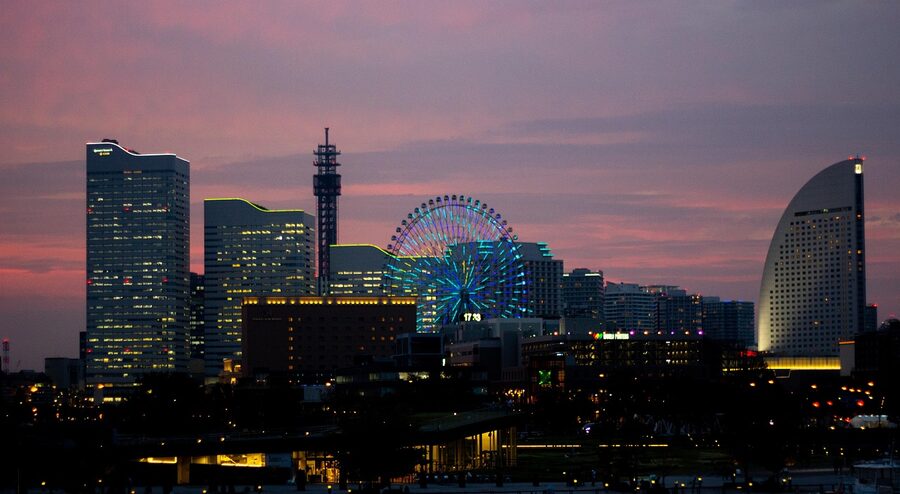 Minato Mirai silhouette at sunset over Yokohama Bay
