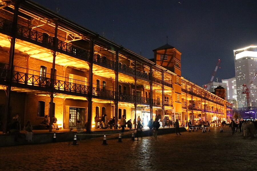 Yokohama Red Brick Warehouse illuminated at night