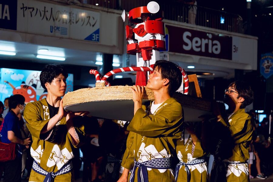 Japanese summer festival crowd at night