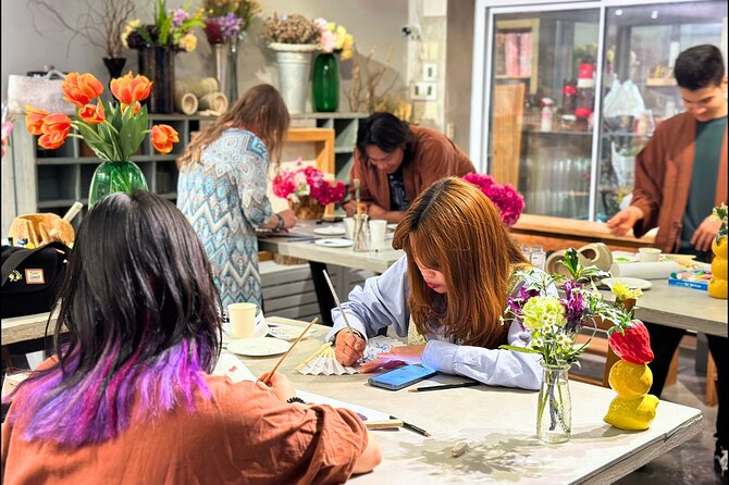 Japanese Fan Painting Workshop ~ in a Tokyo Flower Shop - Painting fans in a quiet corner of Tokyo