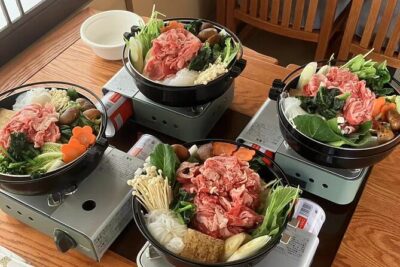 Tokyo Bay Yakatabune Dinner/Day Cruise with Japan Show and Drinks - Sukiyaki, rice, and the dinner setup