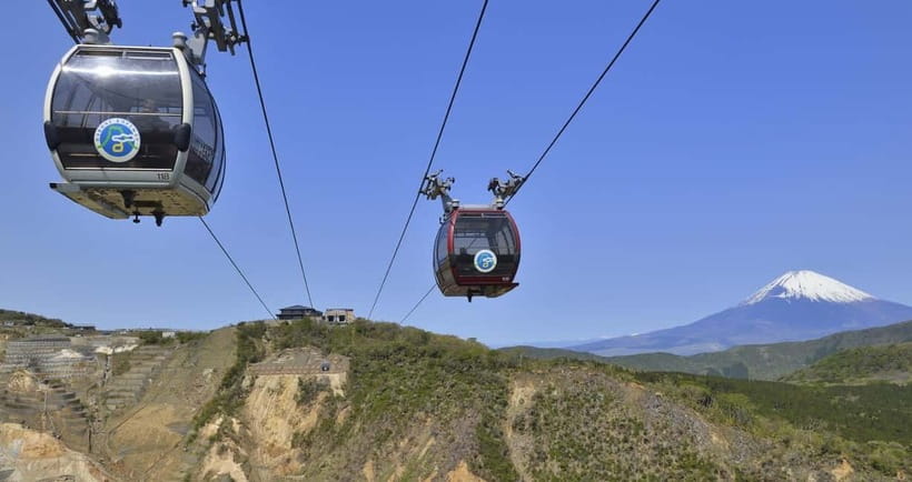 Tokyo:Sea of Mount Fuji, Hakone Ropeway, Ōwakudani, Enoshima - Riding above Owakudani by ropeway