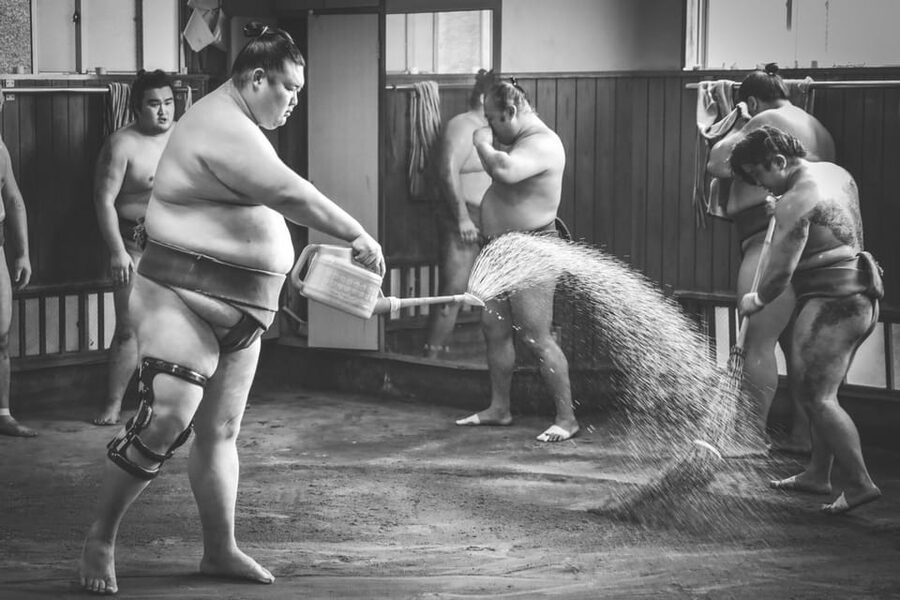Tokyo: Sumo Morning Practice with journalists. Not fake show - Why a real morning practice beats a staged sumo show
