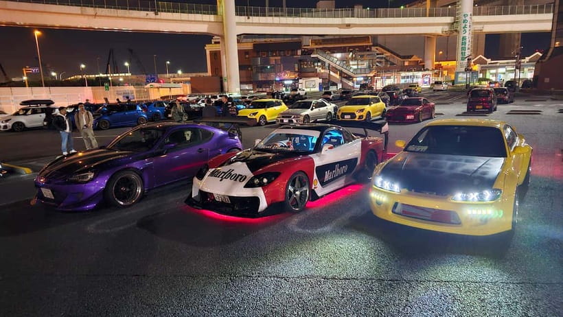 Tokyo: Visit Every Car Meet in Tokyo in a Widebody R35 GTR! - Umihotaru PA, a car meet in Tokyo Bay