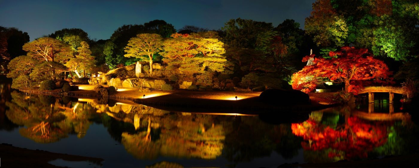 A night view of Rikugien Japanese garden During Autumn